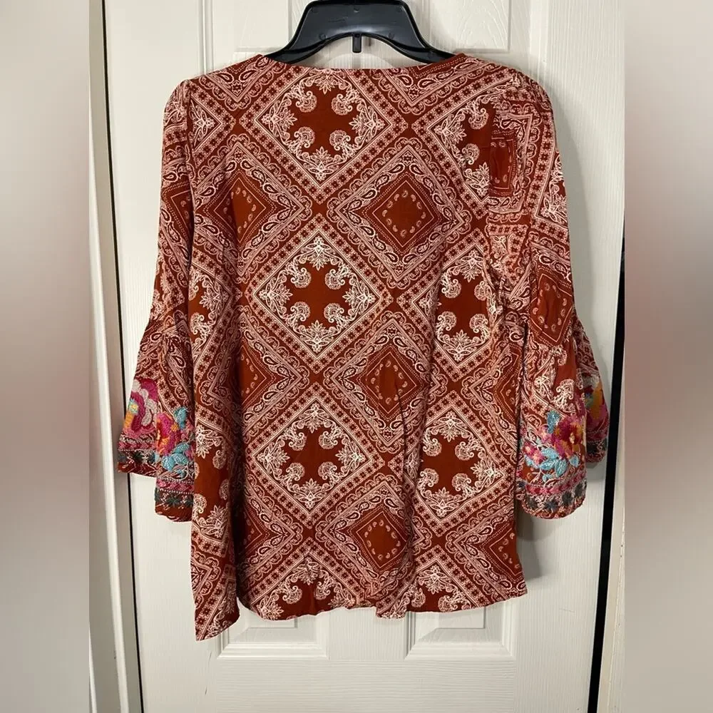Savanna Jane Burnt Orangish Brown Paisley Bohemian Lightweight Top size Small